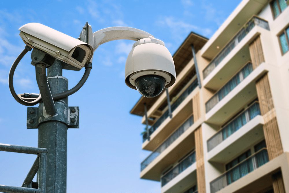 A street security camera on a pole