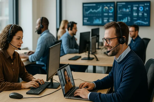 A space filled with people behind a computer