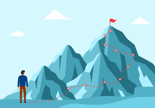 Illustratie van een persoon die naar een bergtop kijkt met een rood vlaggetje, met een route aangegeven door een gestippelde lijn tot aan de top.